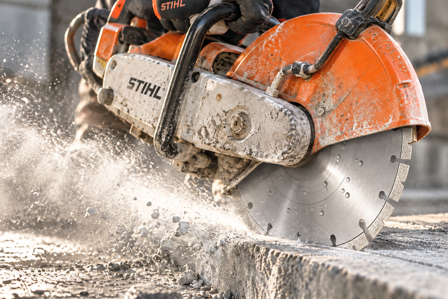 STIHL doorslijper met Hippo Premium diamantzaagblad zaagt door beton met opspattend water en stof.