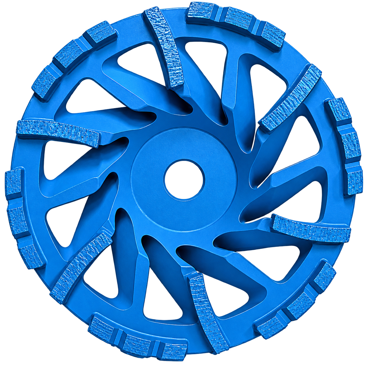 Blauwe diamant komschuurschijf met turbinevormige segmenten en centrale opname, voor het slijpen en egaliseren van beton en andere harde materialen.