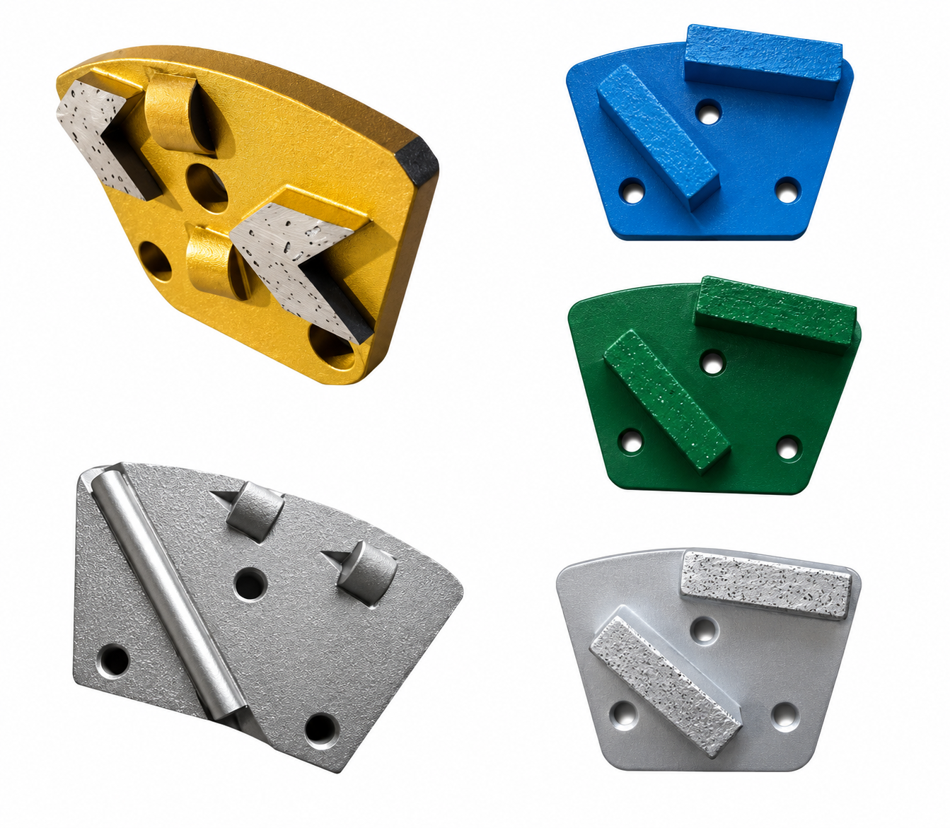 Set van vijf diamant-slijpsegmenten voor industriële vloerschuurmachines in goud, blauw, groen en zilver, met verschillende bevestigingsgaten en slijpsegmenten.