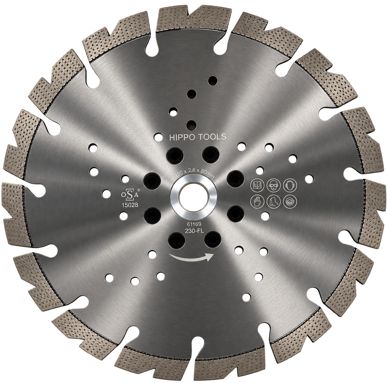 Handzaagblad Hippo Premium met M14-flens, voorzien van diamantsegmenten voor het zagen van beton en andere harde bouwmaterialen.