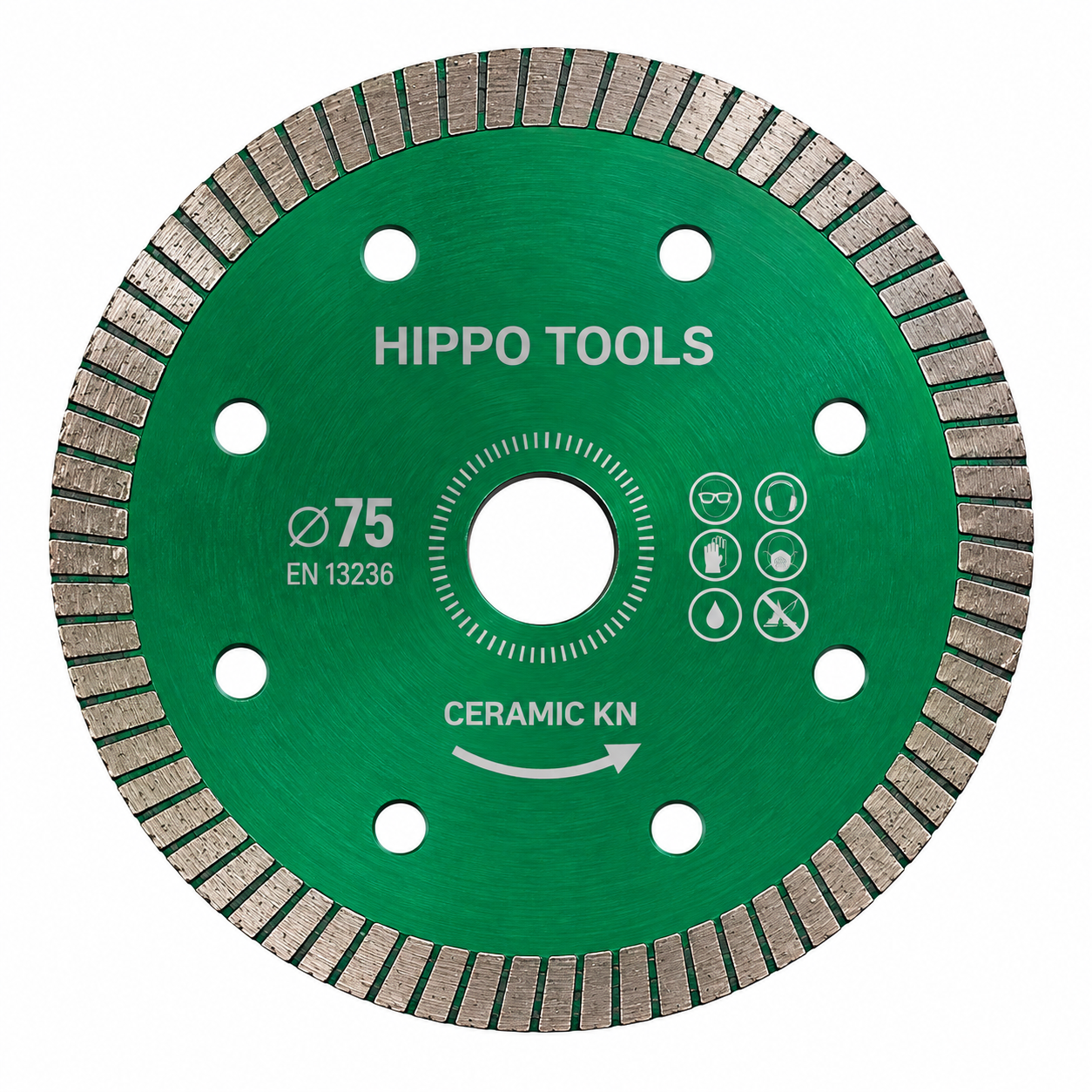 Hippo Tools Ceramic KN diamantzaagblad Ø75 mm met gesegmenteerde diamant-rand en ventilatieopeningen voor het zagen van keramiek en tegels.