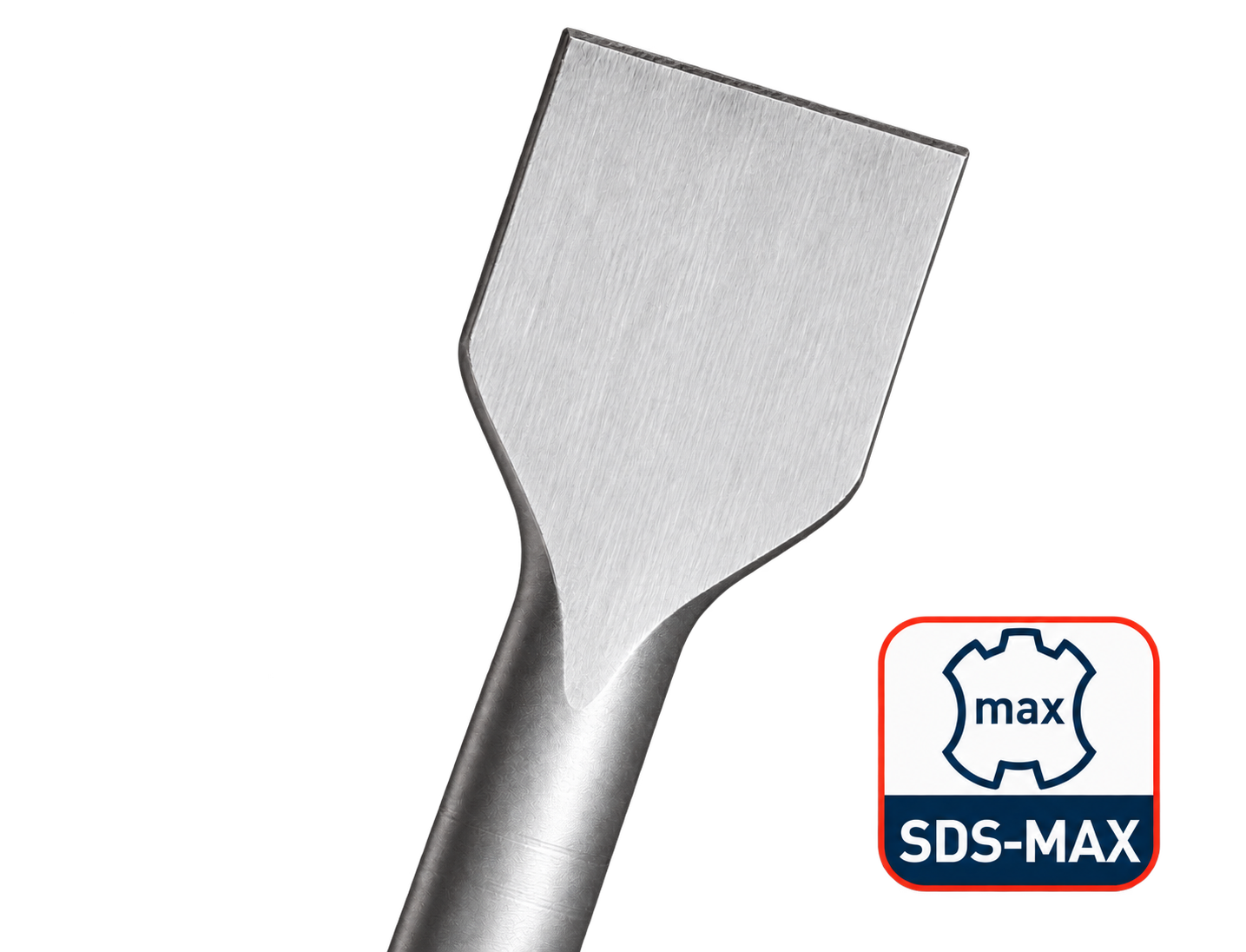 SDS-MAX platte beitel met brede snijkant en stevige stalen schacht, geschikt voor hak- en breekwerk.