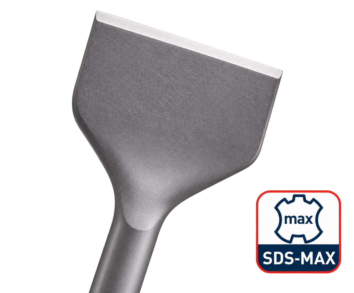 SDS-MAX brede platte beitel met geharde stalen snijkant en stevige schacht, geschikt voor hak- en breekwerk.