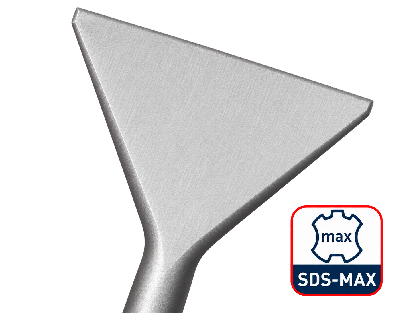 SDS-MAX driehoekige beitel met brede snijkant en stevige stalen schacht, geschikt voor hak- en breekwerk.