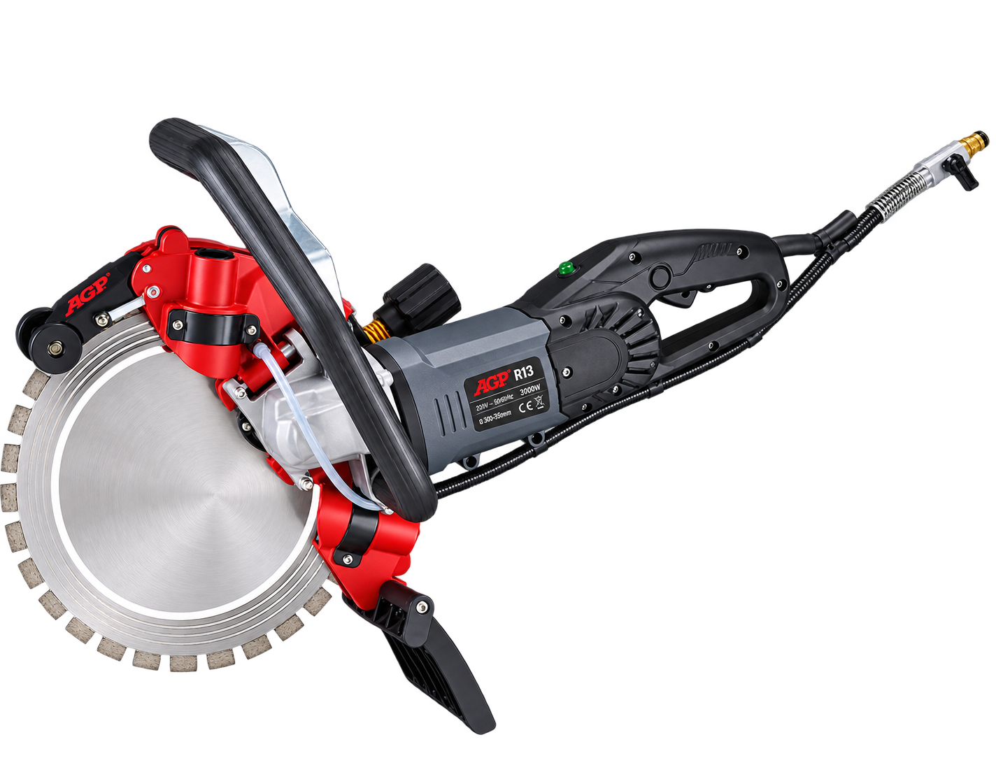 AGP R13 elektrische handzaagmachine met groot diamantzaagblad, wateraansluiting en ergonomische handgreep op transparante achtergrond.