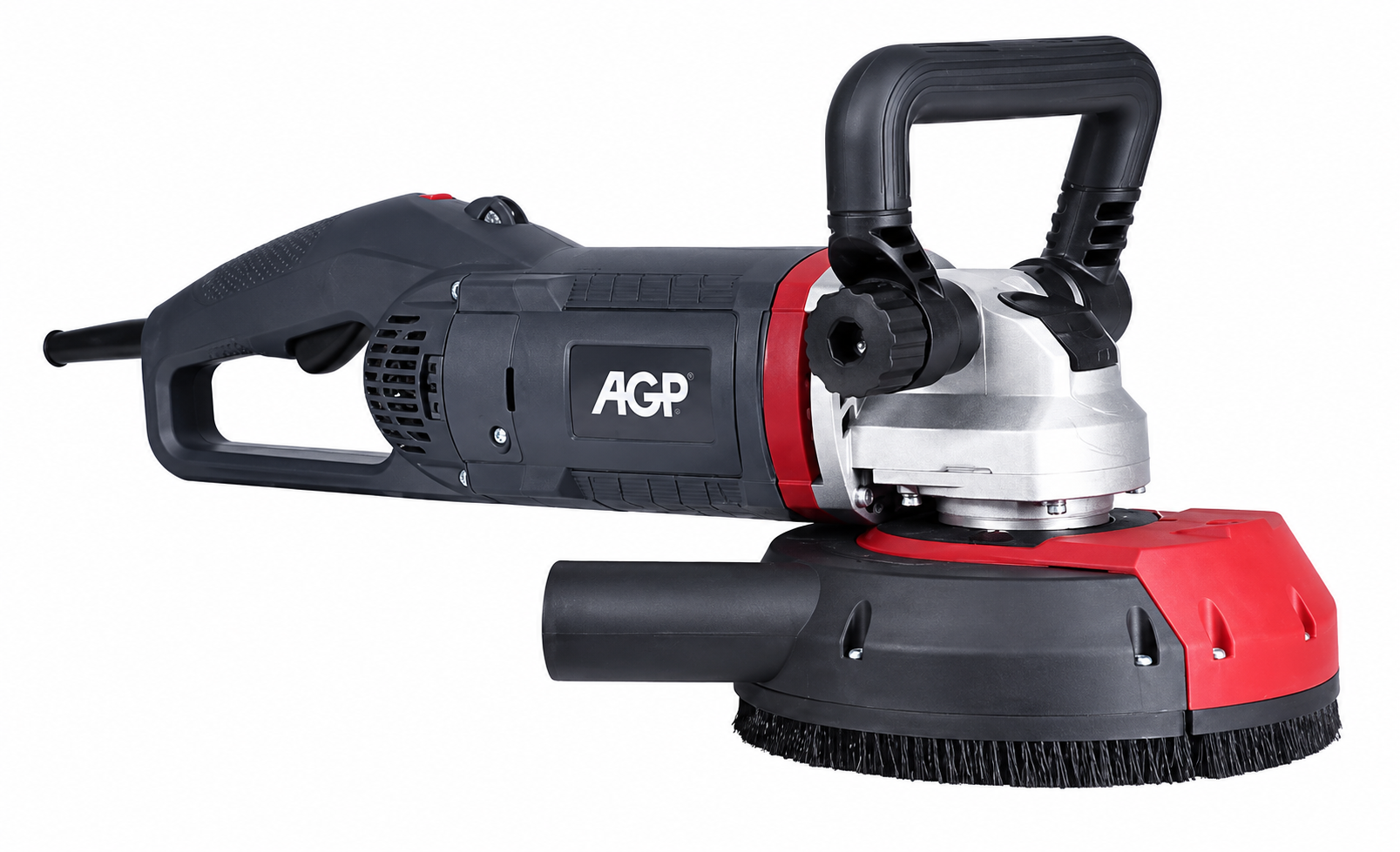 AGP komschuurmachine met rode beschermkap, ergonomische handgrepen en geïntegreerde stofafzuiging, geschikt voor het schuren en egaliseren van beton en andere harde ondergronden.