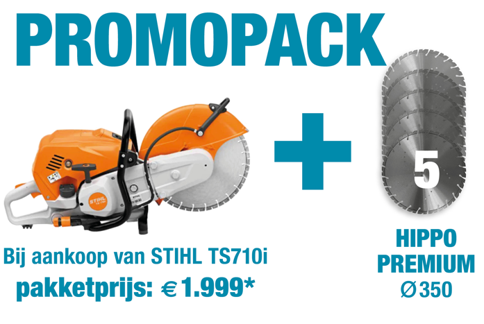 Promotieactie van Promopack met een STIHL TS 710i doorslijper en Hippo Premium diamantzaagbladen Ø350 mm.