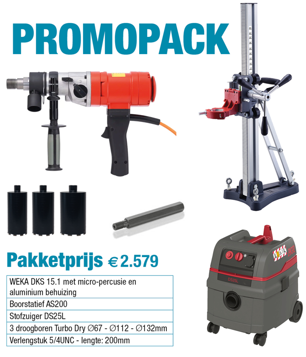 Promopack met een diamantboormotor, boorstatief, diamant droogboren en een stof- en waterzuiger, pakketprijs €2.579.