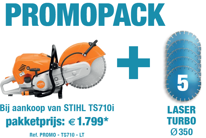 Promopack-actie met een STIHL TS 710i doorslijper en 5 Laser Turbo diamantzaagbladen Ø350 mm bij aankoop, pakketprijs €1.799.
