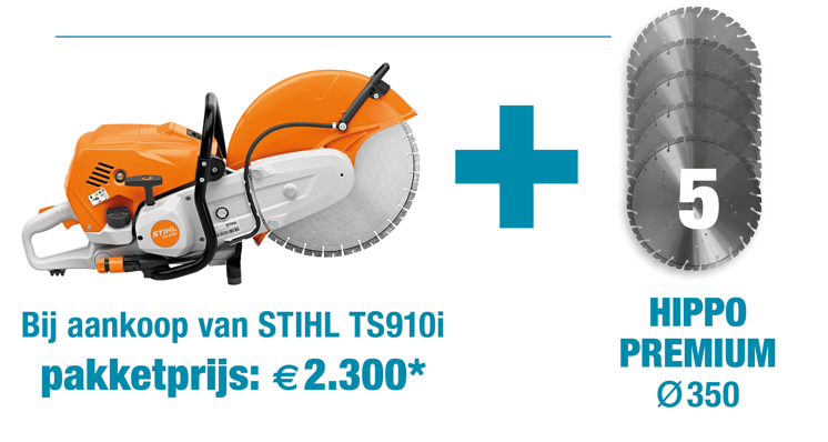 Promotieactie met een STIHL TS 910i doorslijper en 5 Hippo Premium diamantzaagbladen Ø350 mm bij aankoop, pakketprijs €2.300.